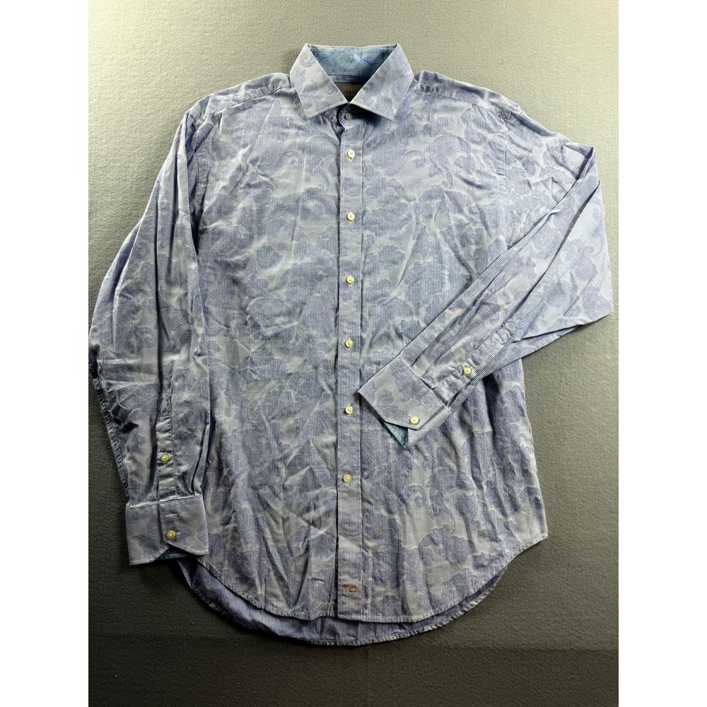 Thomas Dean Button Up Shirt Mens Medium Blue Floral Striped Long Sleeve